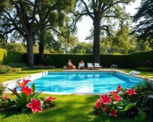 jardín con piscina