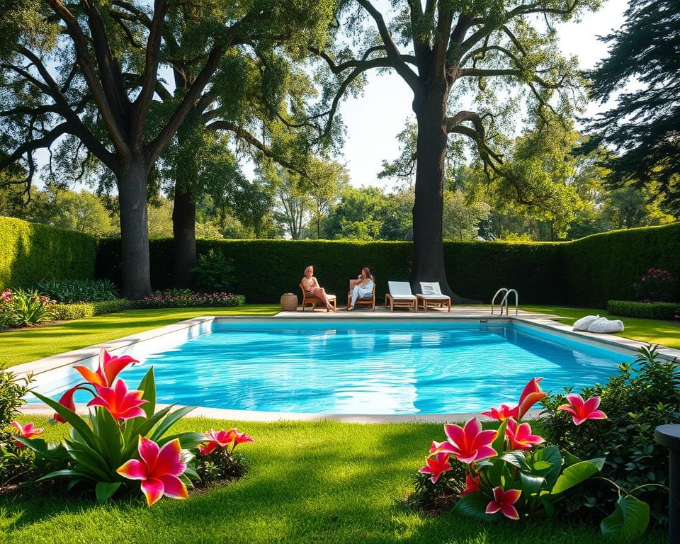 jardín con piscina
